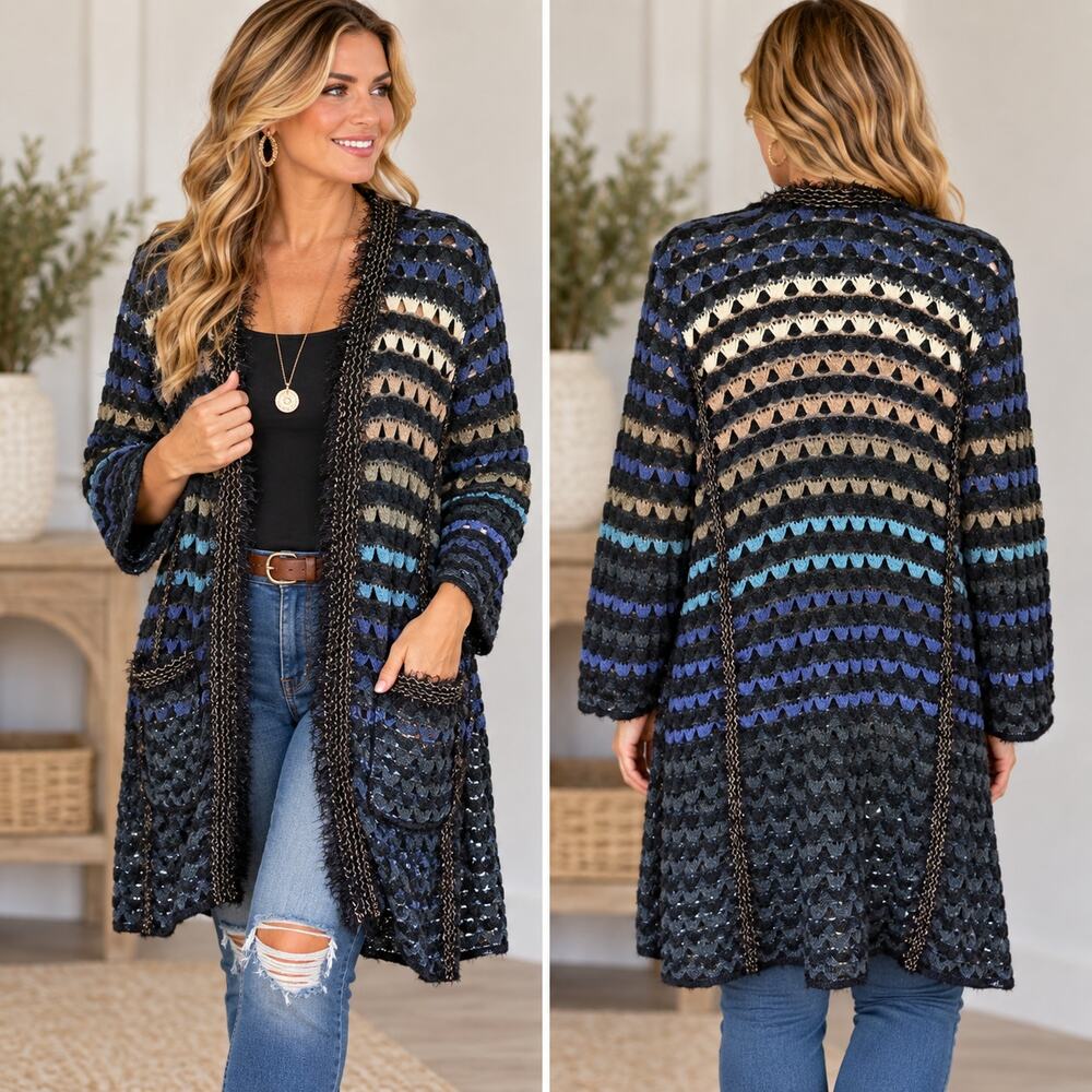 Nic + Zoe 2X Open Knit Cardigan Long Duster Blue Black Crochet Boho Striped